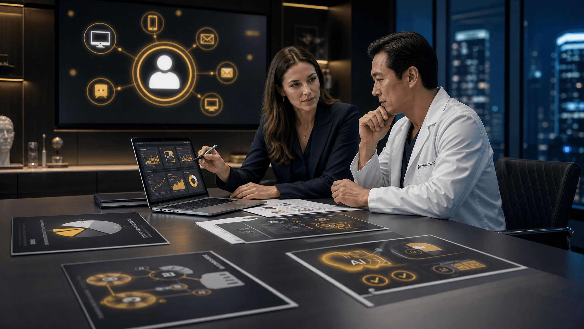 Marketing consultant reviewing plastic surgery marketing strategy and analytics with surgeon