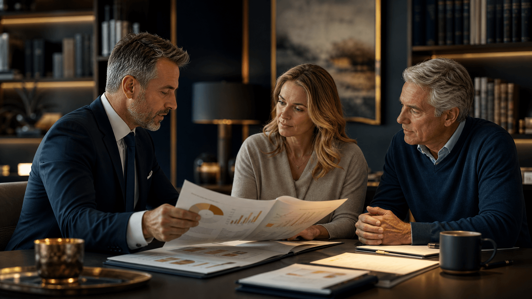 A retirement planning advisor presenting a financial plan to a client couple in a modern office setting