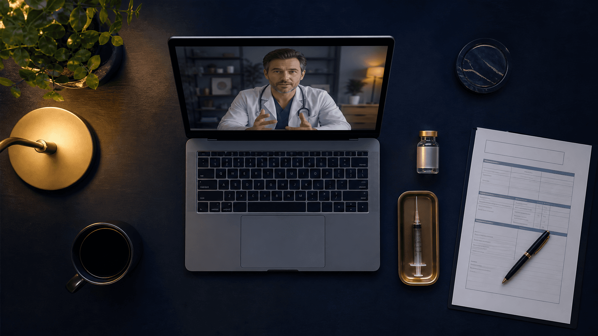 A laptop showing a telehealth visit, a testosterone vial, and a lab form on a desk