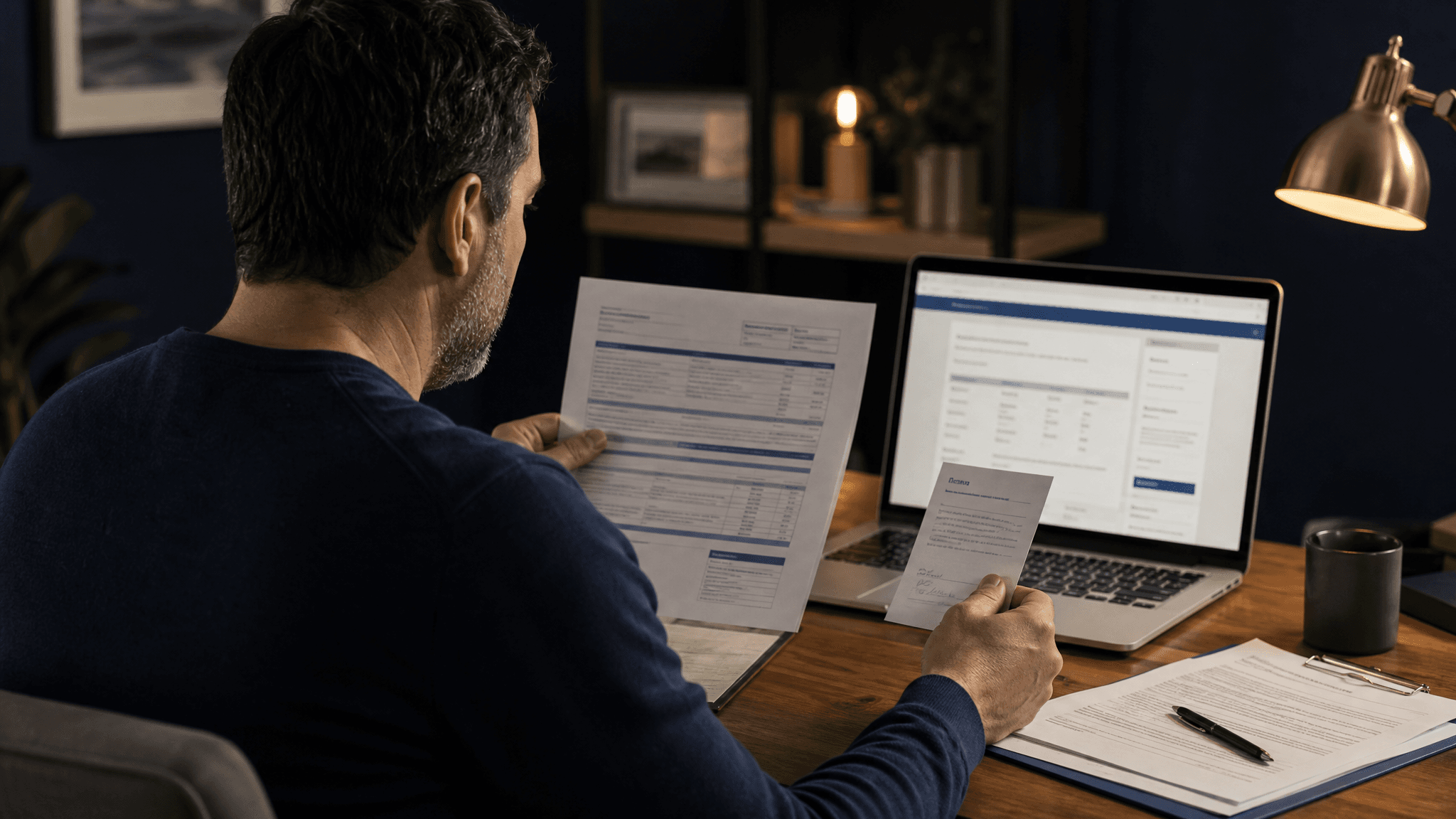 A man reviews a health insurance statement and a prescription at his desk.