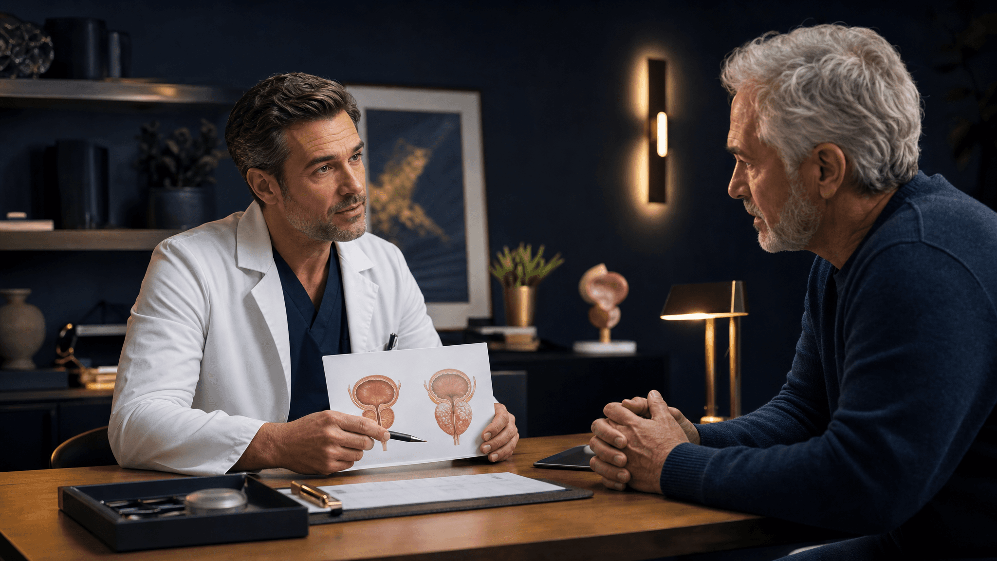 A doctor discusses prostate health and PSA results with an older male patient.
