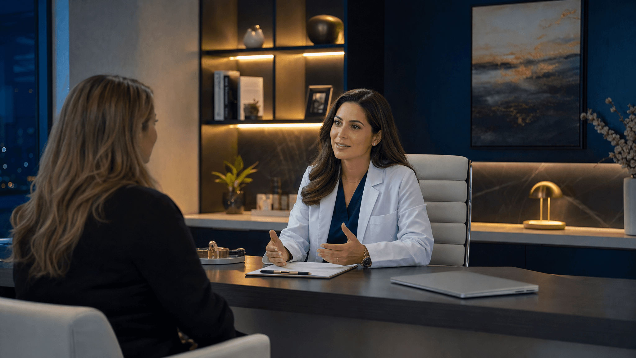 Weight loss clinic specialist consulting with patient in a modern medical office