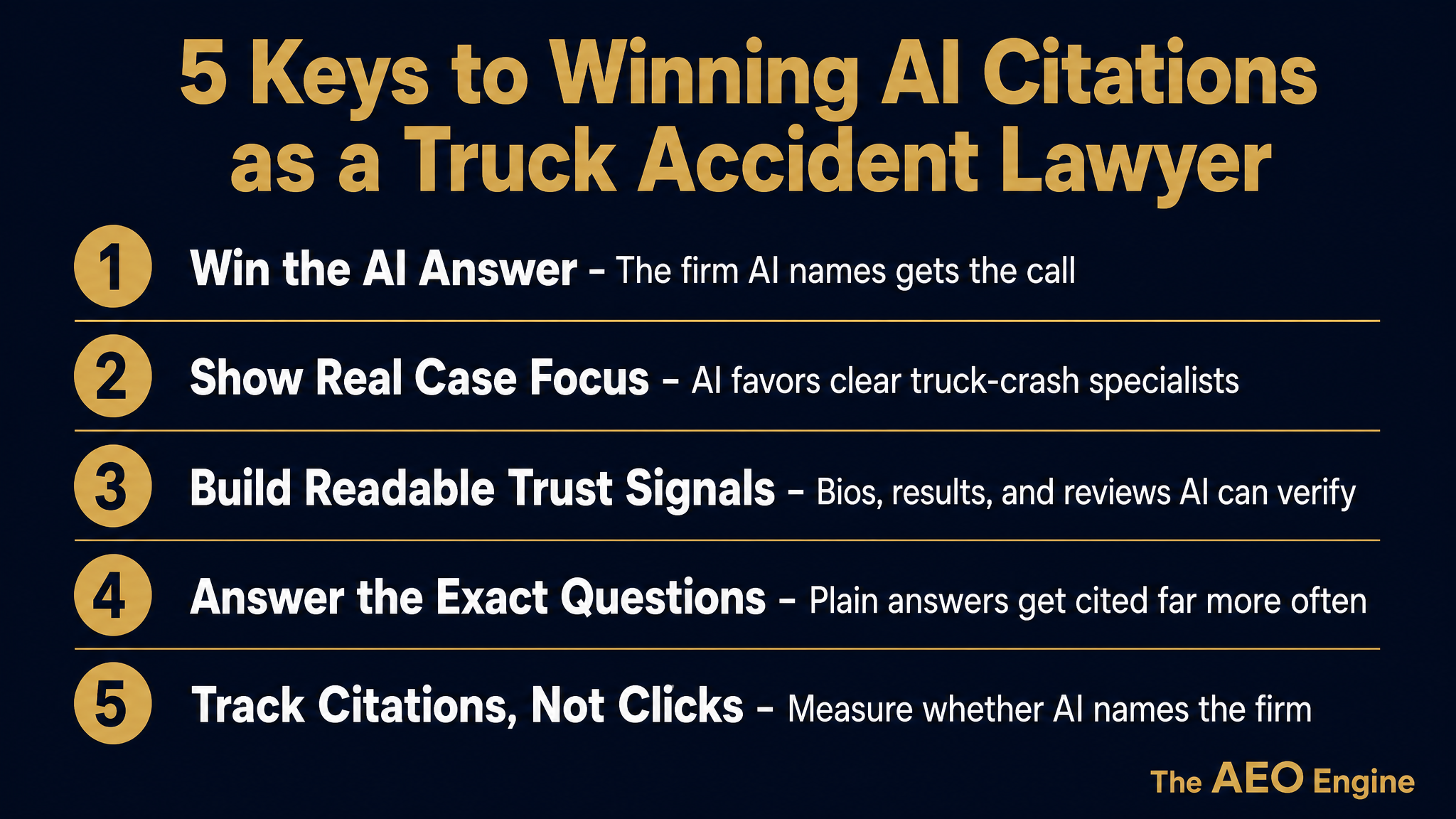 Infographic listing five keys to winning AI citations as a truck accident lawyer