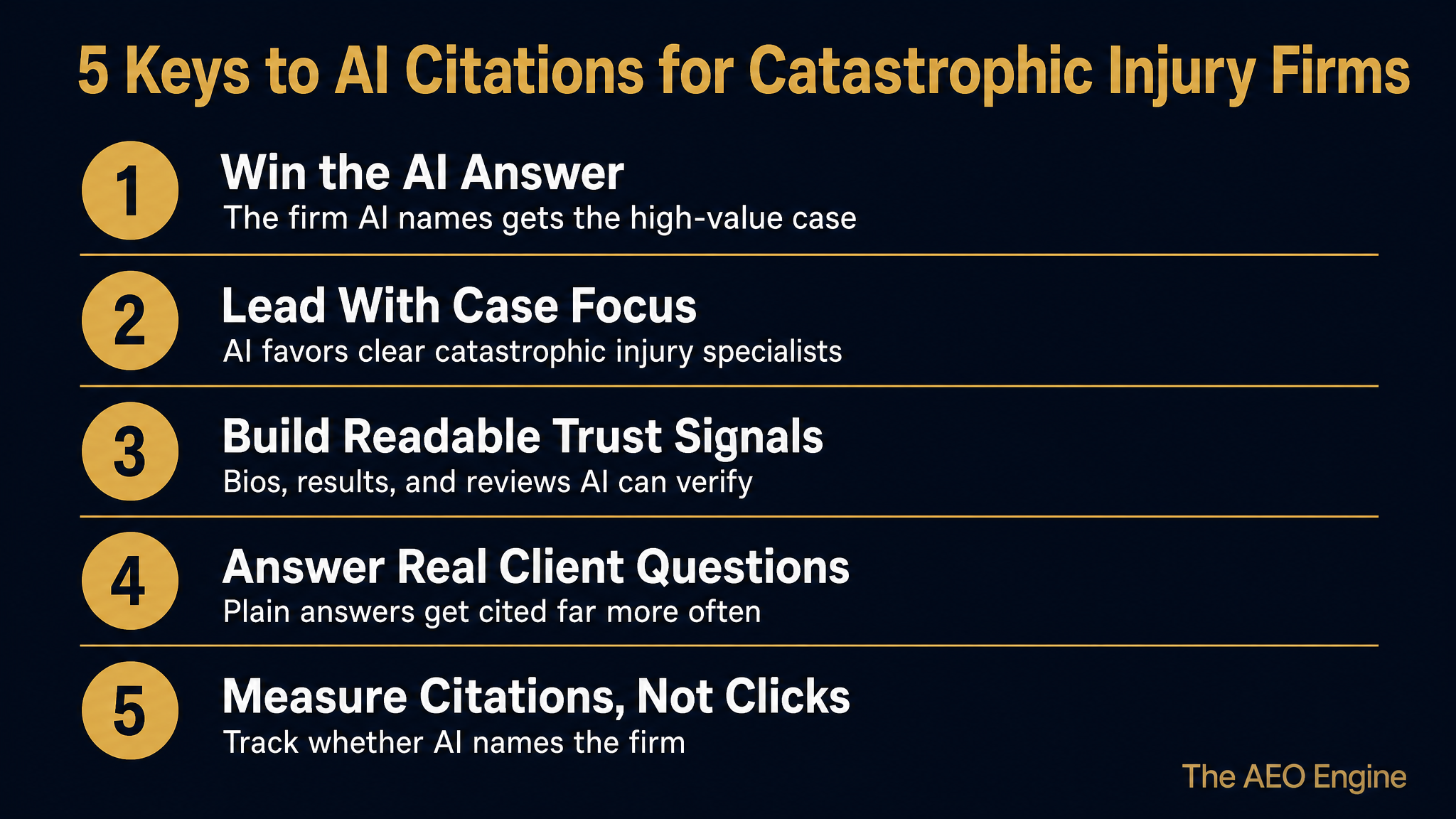 Infographic listing five keys to AI citations for catastrophic injury law firms