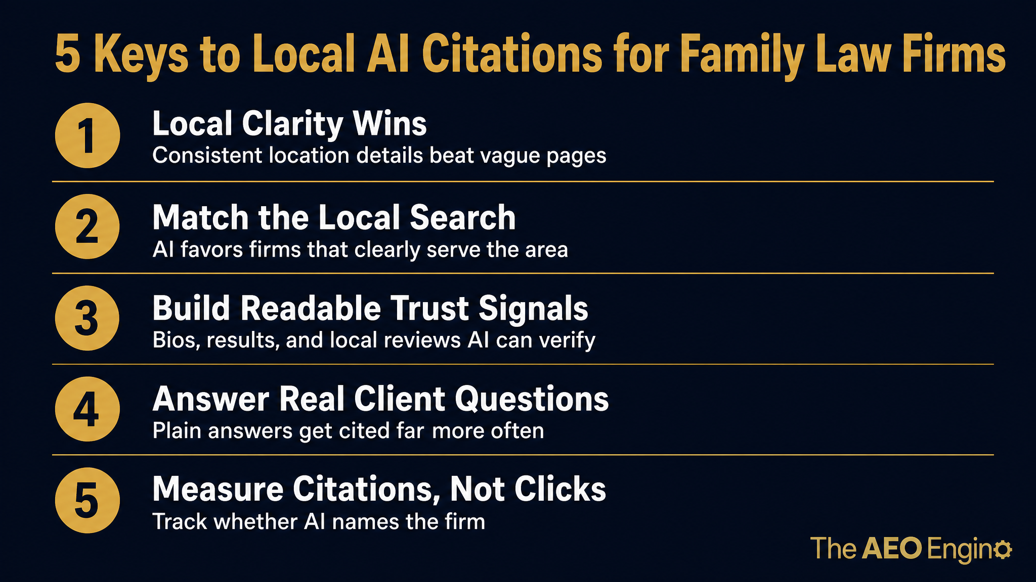 Infographic listing five keys to local AI citations for family law firms.