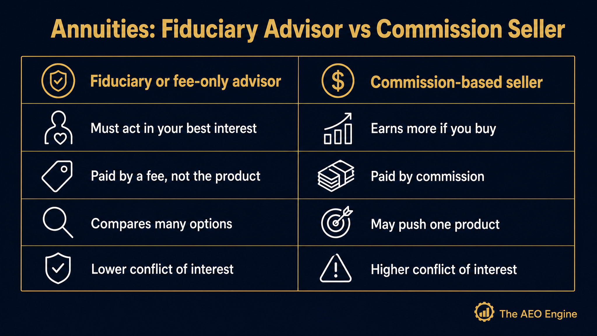 A diagram comparing a fiduciary advisor and a commission-based seller for annuities