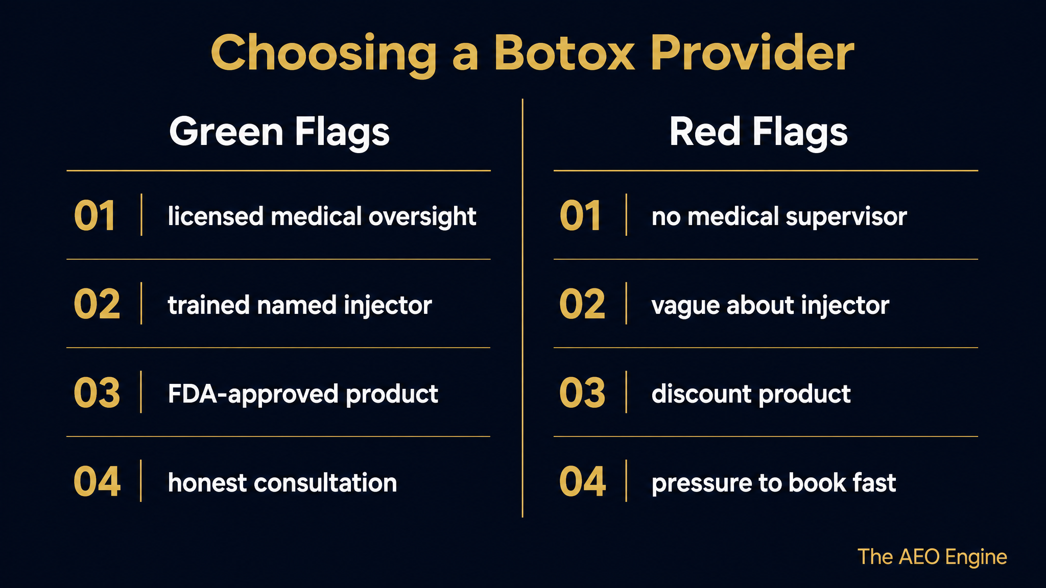 A diagram of green flags and red flags for choosing a Botox provider