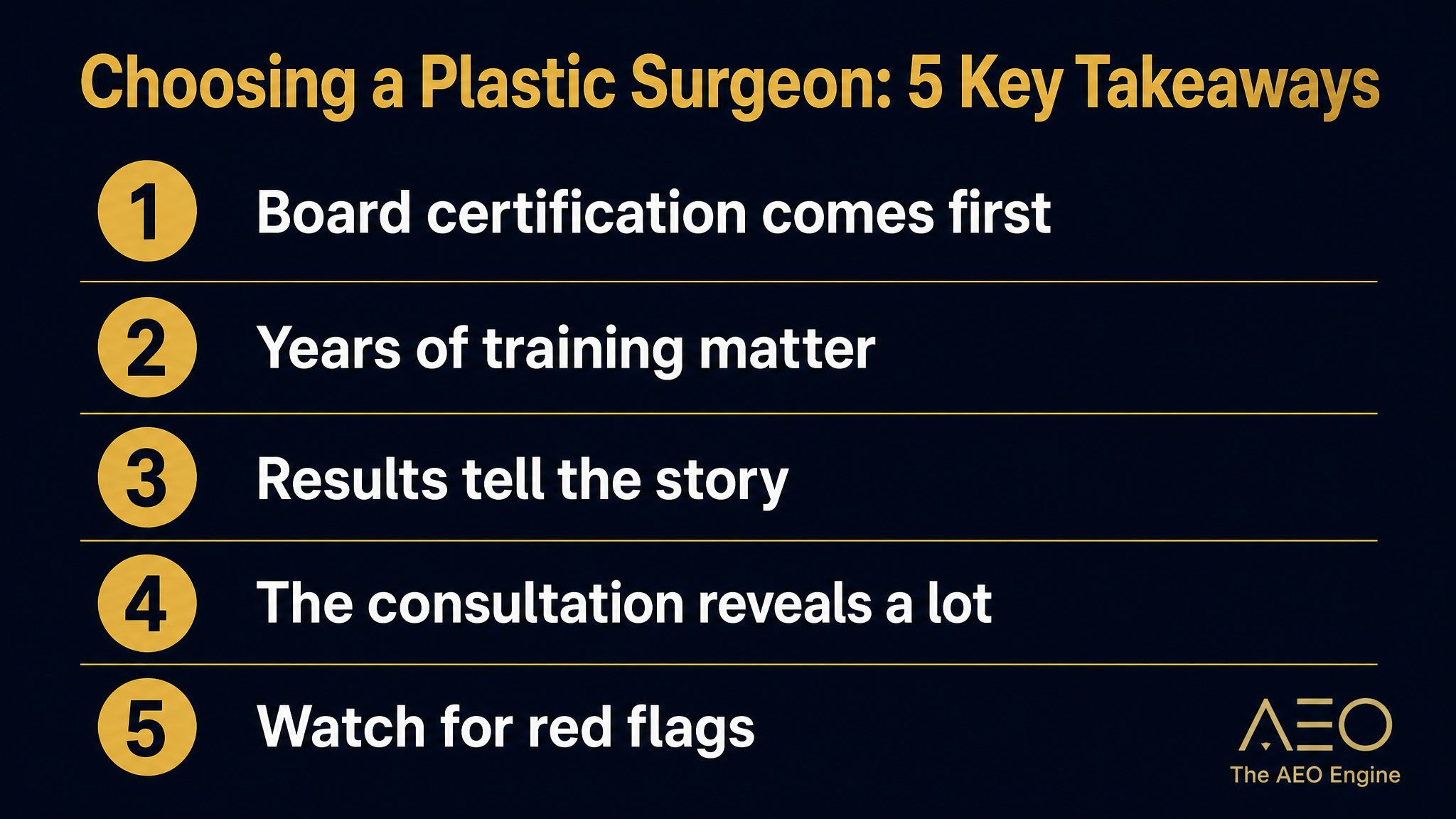 Infographic listing five key takeaways for choosing a plastic surgeon for breast augmentation