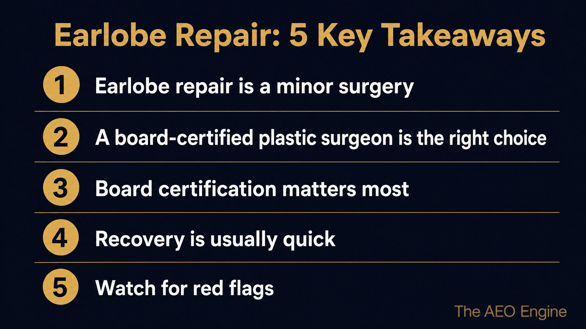 Infographic listing five key takeaways about choosing a plastic surgeon for earlobe repair