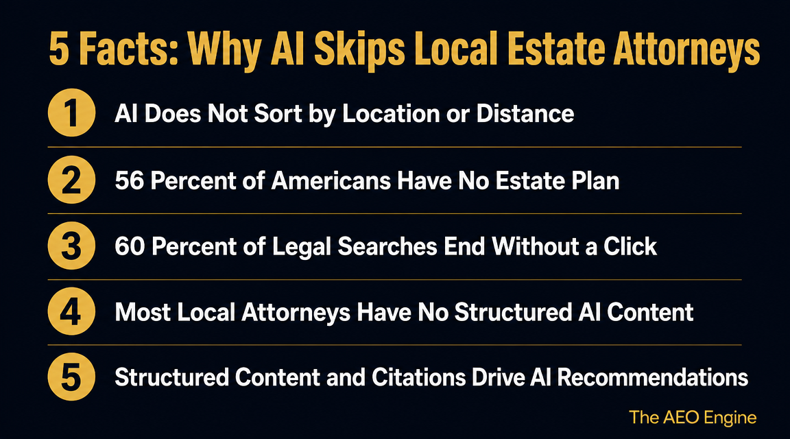 Five numbered facts explaining why AI does not recommend most local estate planning attorneys near you.