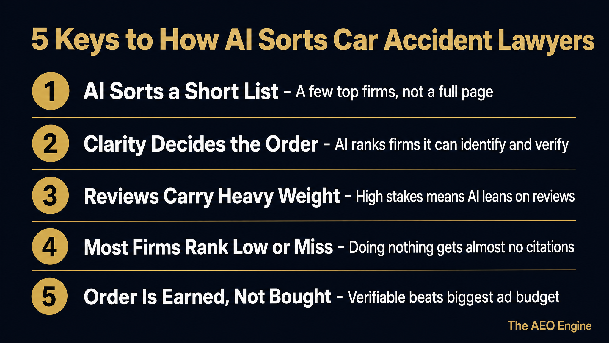 Infographic listing five key takeaways for car accident lawyer marketing and AI citations.