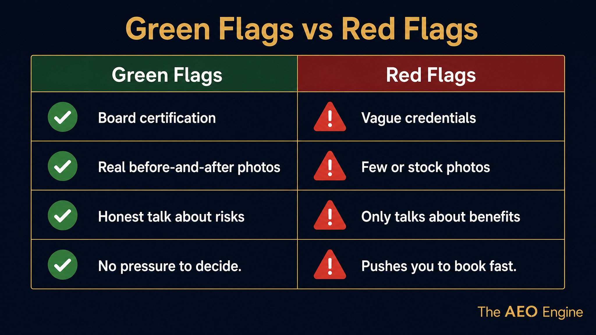 A two-column diagram comparing green flags and red flags when choosing a plastic surgeon