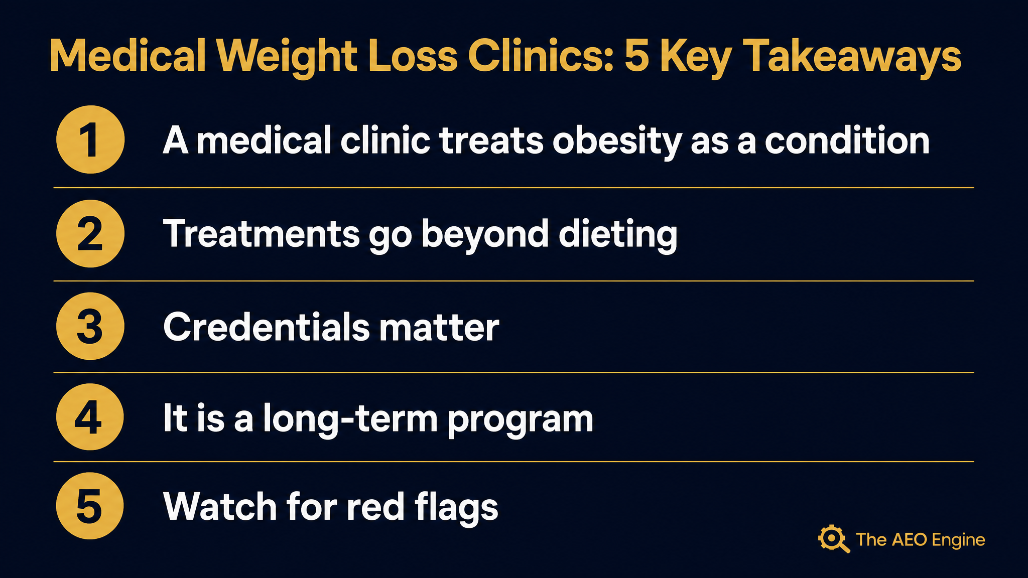 Infographic listing five key takeaways about choosing a medical weight loss clinic.