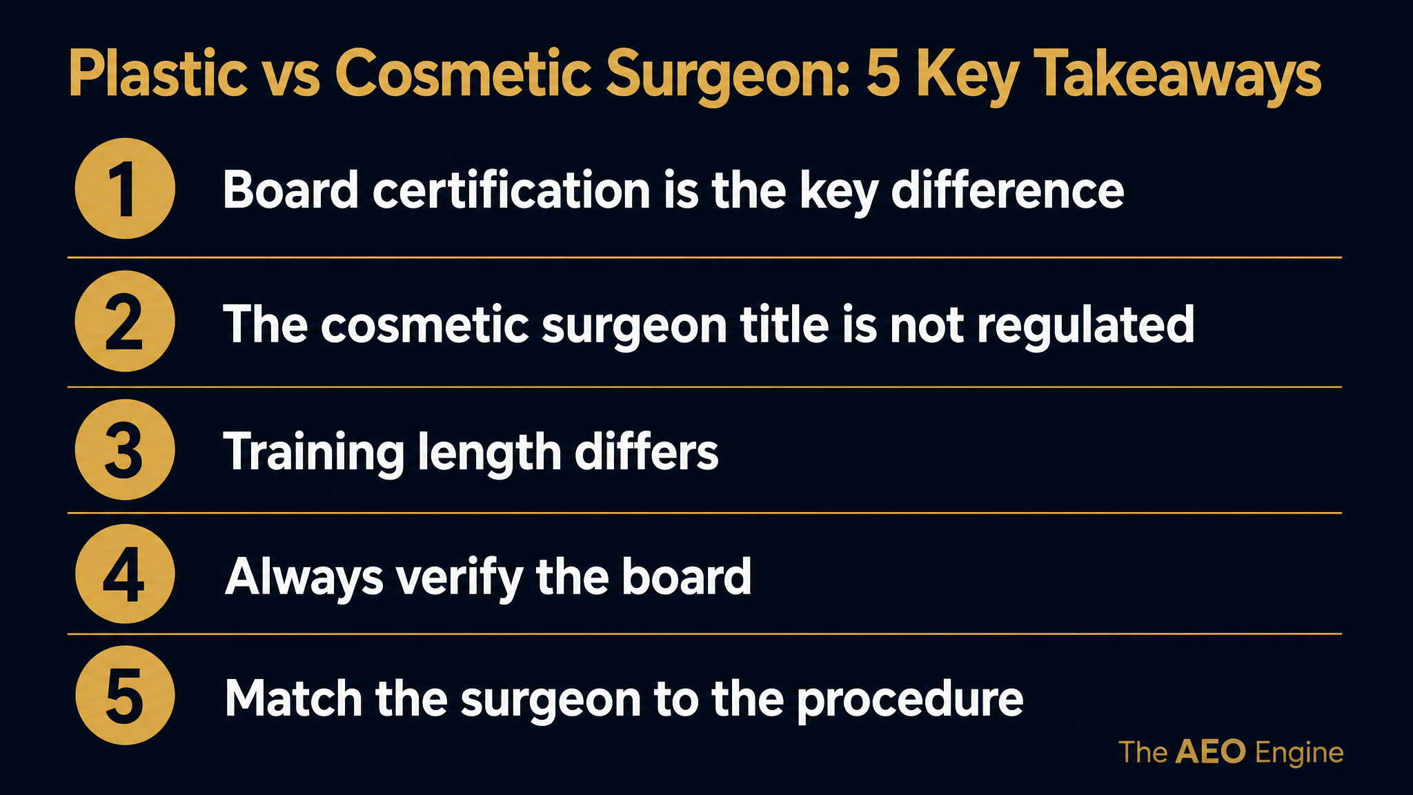 Infographic listing five key takeaways comparing a plastic surgeon and a cosmetic surgeon