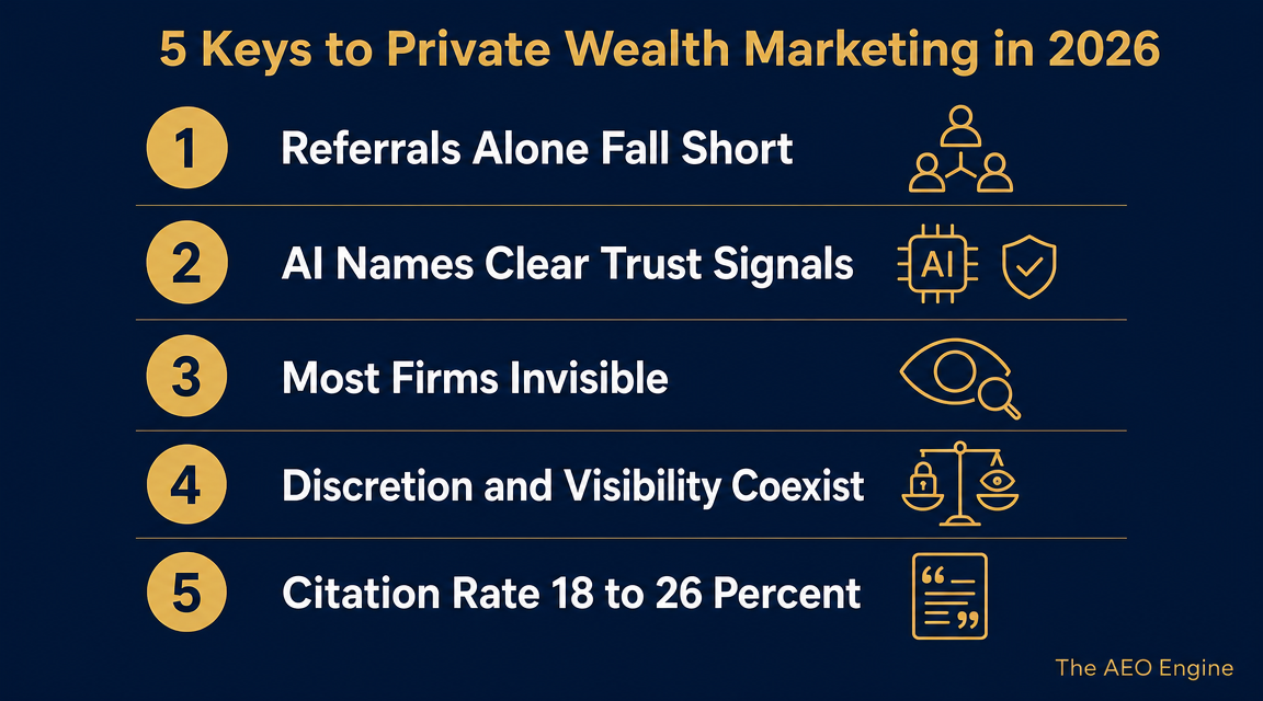 Infographic titled “5 Keys to Private Wealth Marketing in 2026” highlighting referral limitations, AI trust signals, advisor visibility, balancing discretion with discoverability, and AI citation performance for private wealth firms