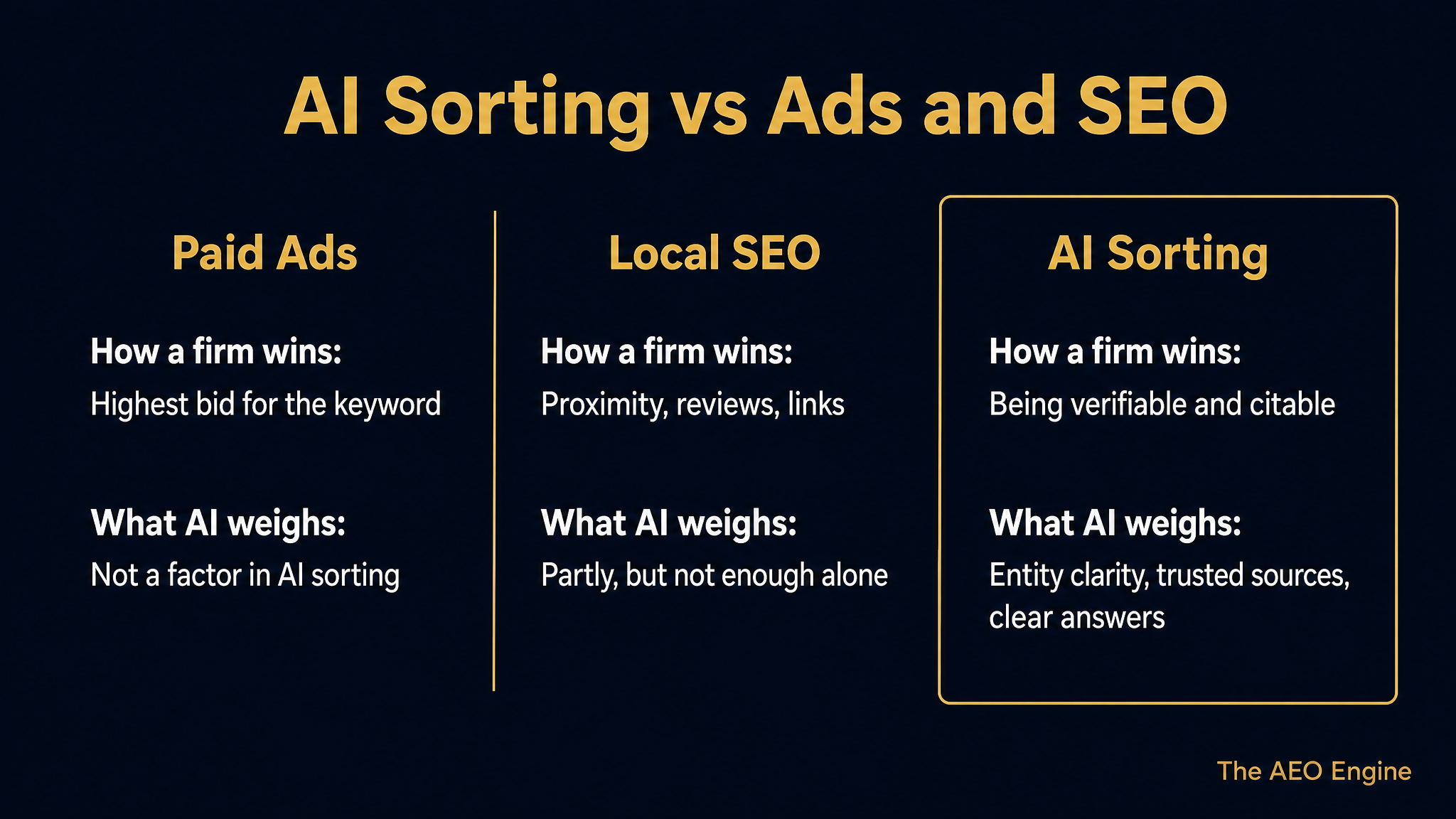 Comparison diagram contrasting traditional SEO with answer engine optimization for law firms.