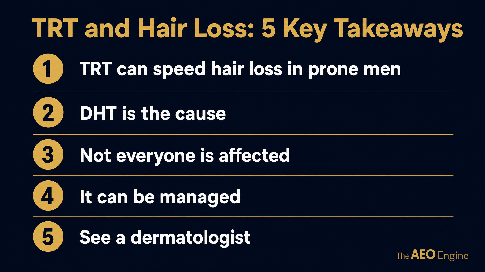 Infographic listing five key takeaways about testosterone replacement therapy and hair loss.