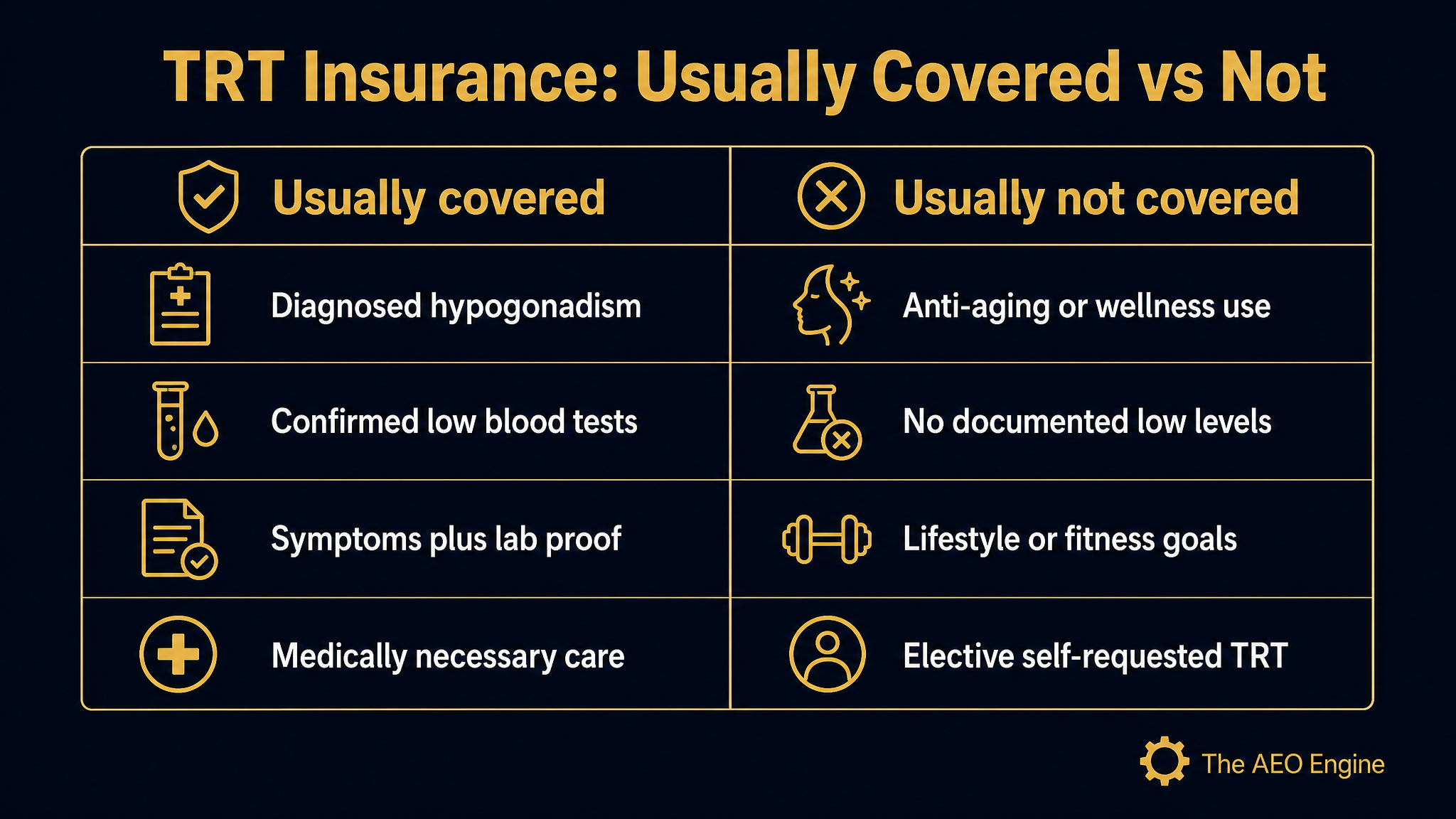 A diagram comparing when TRT is usually covered by insurance versus not covered