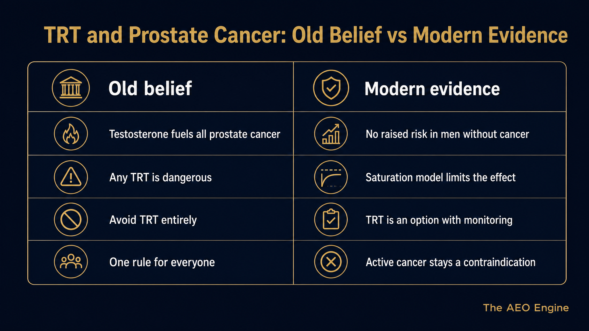 A diagram comparing the old belief and modern evidence on TRT and prostate cancer