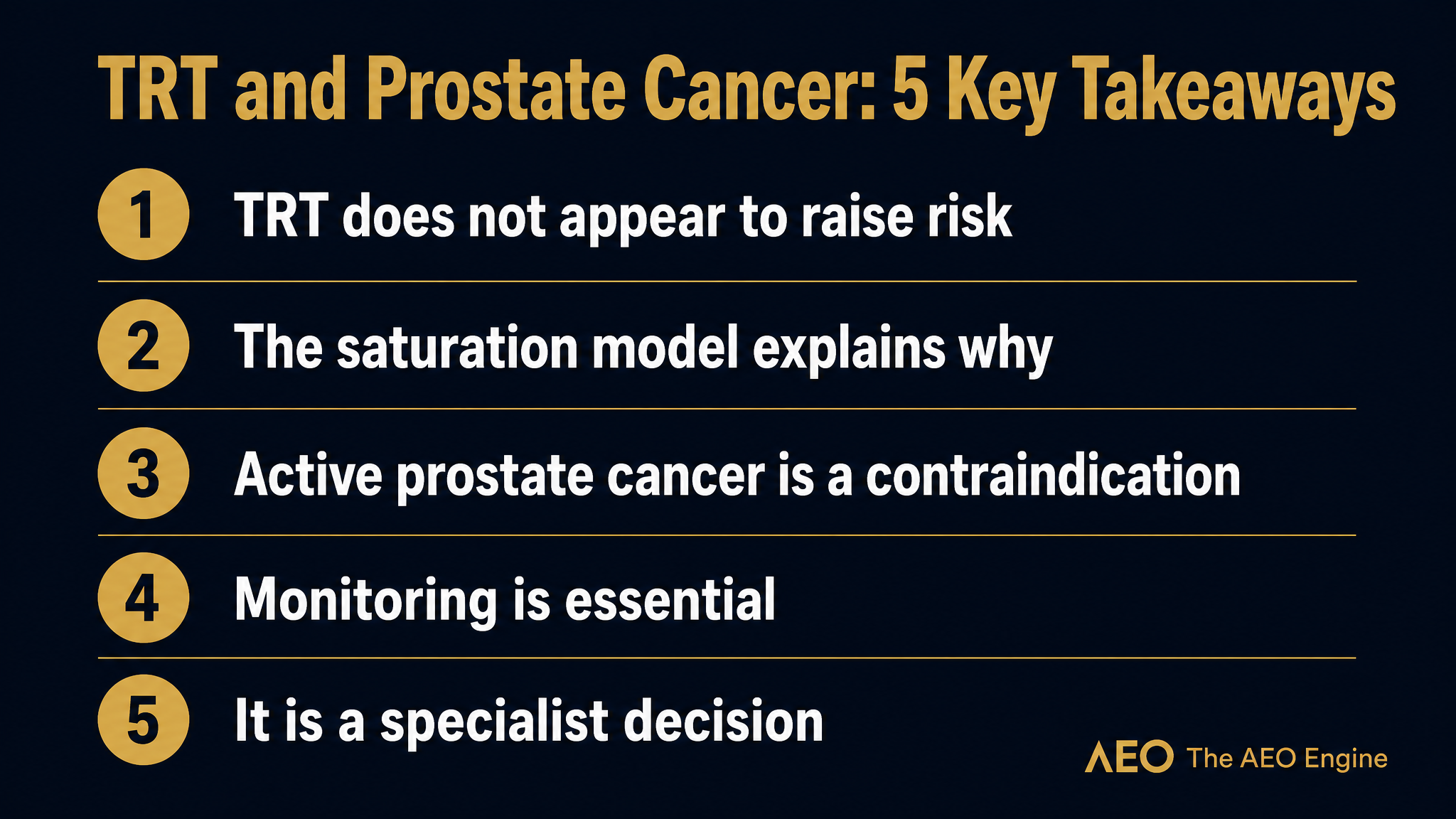 Infographic listing five key takeaways about testosterone replacement therapy and prostate cancer