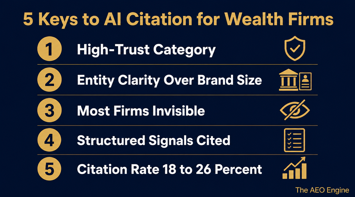 Infographic titled “5 Keys to AI Citation for Wealth Firms” highlighting high-trust financial categories, entity clarity, visibility challenges, structured data signals, and AI citation performance for wealth management firms